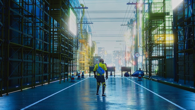 Cyberpunk street with character 3d render