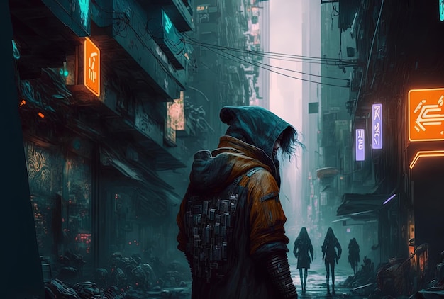 Cyberpunk street with character addition copyspace