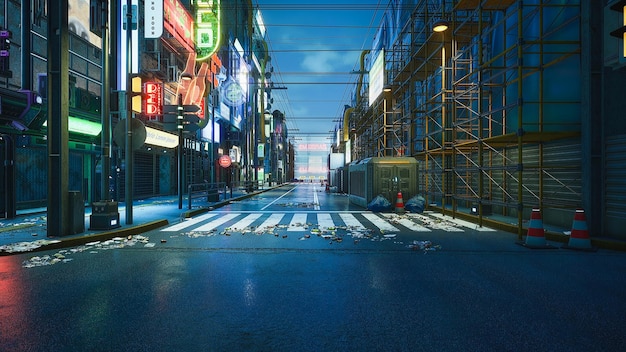 Cyberpunk street with copyspace for add character 3d render