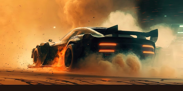 Cyberpunk style racing car with drifting rear tire smoke Generative AI