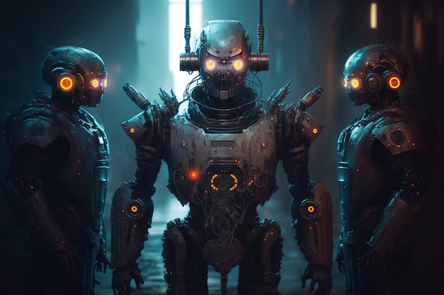 Cyberpunk style robot with two other robots in the backdrop in a digitally produced artwork