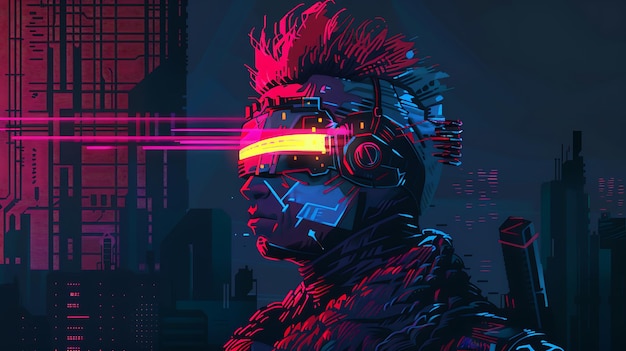 Photo cyberpunk warrior navigates neon cityscape with augmented reality visor