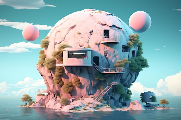 Photo cyberpunk whimsy surreal spherical house on a rock in cute iconic style