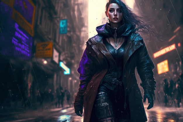 Cyberpunk woman on futuristic street Generative AI illustration