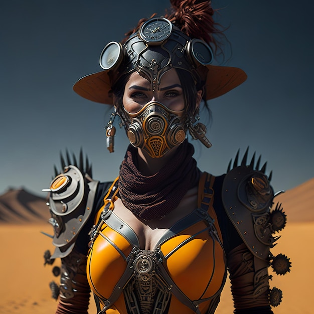 Cyberpunk woman in a futuristic suit and mask with orange clothes in the sunset desert