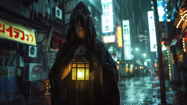 Cyberpunk woman in hooded black cloak holding lantern in the rain Cyberpunk city background