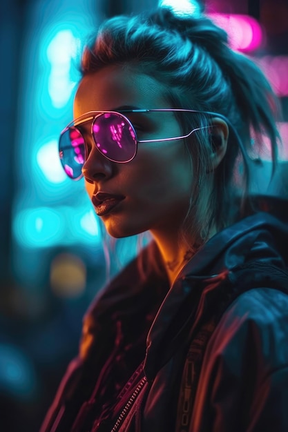 Cyberpunk woman portrait futuristic neon style generative ai