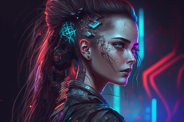 Cyberpunk woman portrait futuristic neon style HD Image