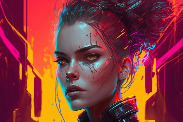 Cyberpunk woman portrait futuristic neon style HD Image