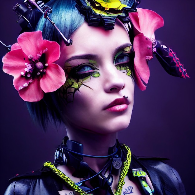 Cyberpunk woman portrait futuristic neon style