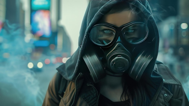 Cyberpunk woman wearing a hoodie with goggles and a protective gas mask