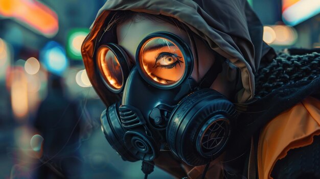 Cyberpunk woman wearing a hoodie with goggles and a protective gas mask