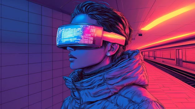 Cyberpunk Woman Wearing Virtual Reality Glasses in Neon Train Station