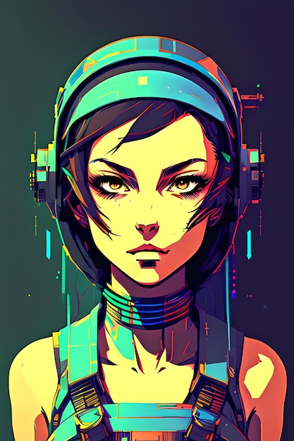 Cyberpunk woman with a blue hair and futuristic helmet on her head is looking at the camera Anime girl with headset cyberpunk steampunk scifi fantasy style AI