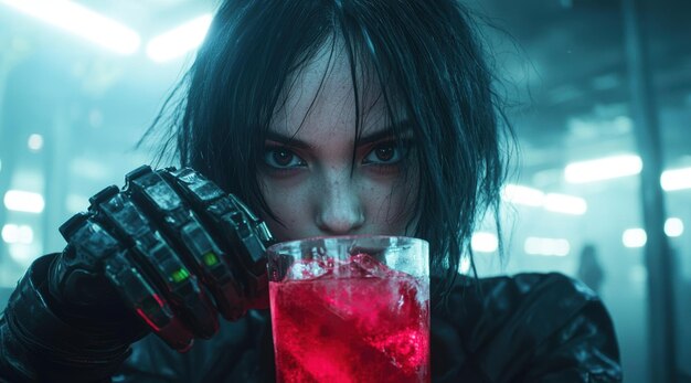 Photo cyberpunk woman with glowing red drink