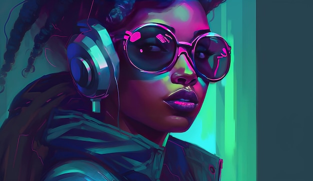 A cyberpunk woman with headphones on and a neon green background