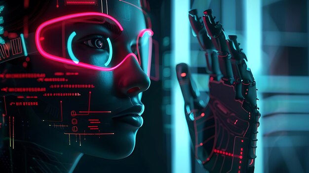 Cyberpunk Woman with Neon Lights and Glowing Eye