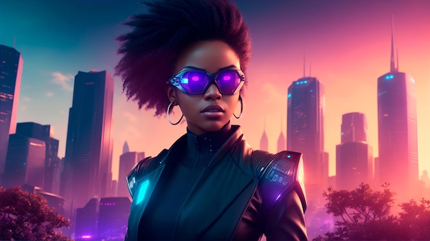 Cyberpunk Woman with Serious Look Wearing Sunglasses