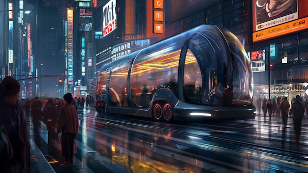 Cyberpunkinspired city street scene with a sleek modern tram and pedestrians