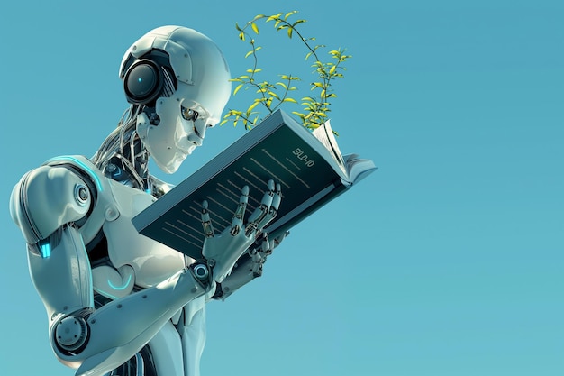 A cyberrobot leafs through a book and transfers information to a global computer