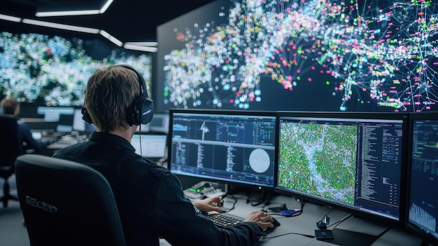 Photo cybersecurity analyst working in control room with multiple monitors