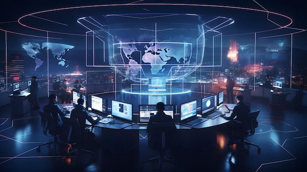 Cybersecurity center concept with advanced artificial intelligence hologram technology