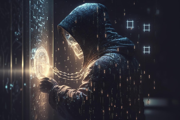 Cybersecurity computer hacker with hoodie vulnerability and hackercodingmalware concept on server room background metaverse digital world technology breaks binary data