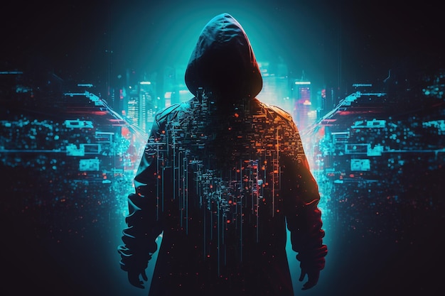 Cybersecurity computer hacker with hoodie vulnerability and hackercodingmalware concept on server room background metaverse digital world technology breaks binary data