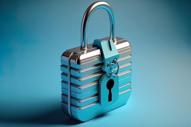 Cybersecurity concept a padlock on a laptop with a blue background