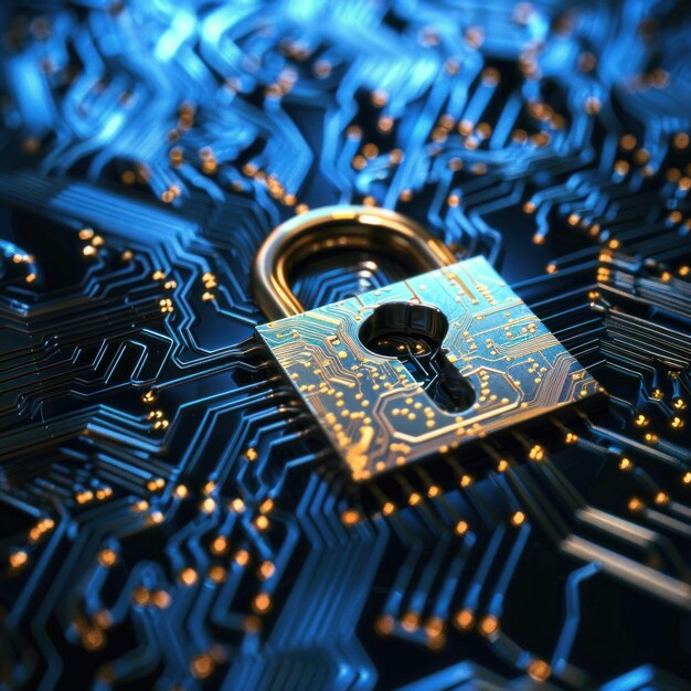 Cybersecurity Concept with Padlock on Circuit Board A 3D illustration of a metallic padlock on a blue circuit board symbolizing digital security and data protection