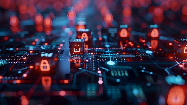 Cybersecurity and data protection concept with padlock icons on a circuit board