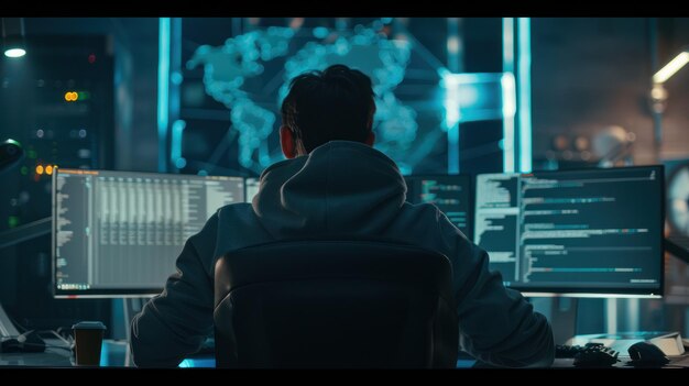 Photo cybersecurity professional working late in server room