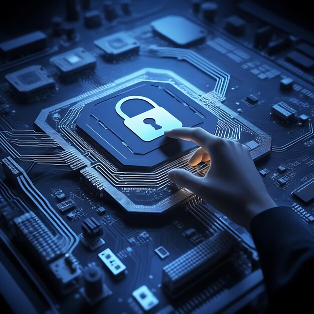 Photo cybersecurity service concept of motherboard and safety authentication network