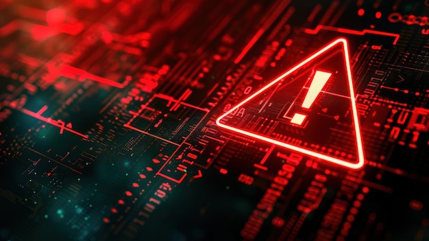 Photo cybersecurity warning red alert on digital circuitry