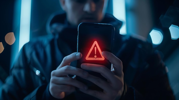 Photo cybersecurity warning a red alert on smartphone