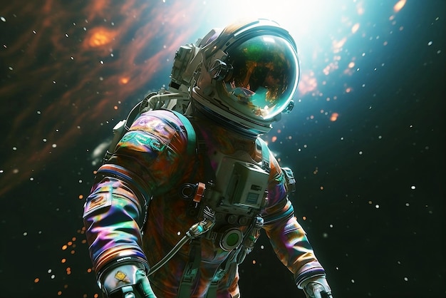 cyborg anime astronaut floating in space above a celestial