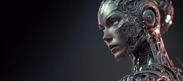 Cyborg Artificial intelligence with luminous eyes and physical metal body Robotic Generative AI