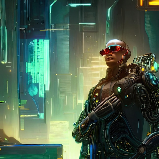 Cyborg on the background of a scifi city Cyberpunk style illustration