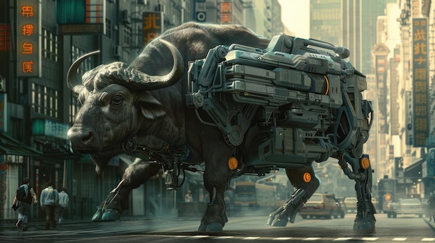 a cyborg buffalo with a huge gun on its back standing in the middle of a cyberpunk city street