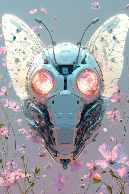 Photo cyborg butterfly in a field of flowers