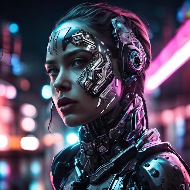 a cyborg girl wearing futuristic face armor in a neon city at night