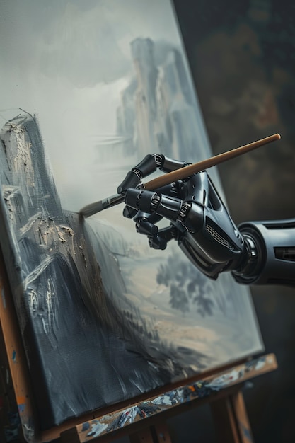 Cyborg hand creates art on canvas with paintbrush Robot arm paints landscape with mountain range