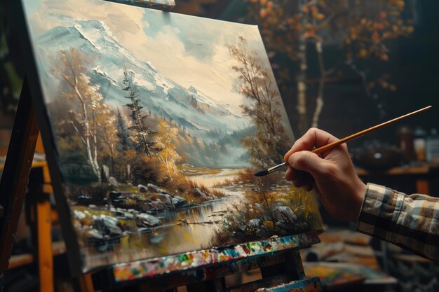 Cyborg hand creates realistic landscape painting on canvas Artist robotic arm adds vibrant colors