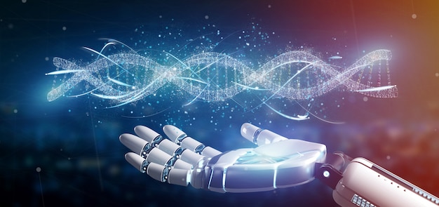 Cyborg hand holding a DNA branch 3d rendering