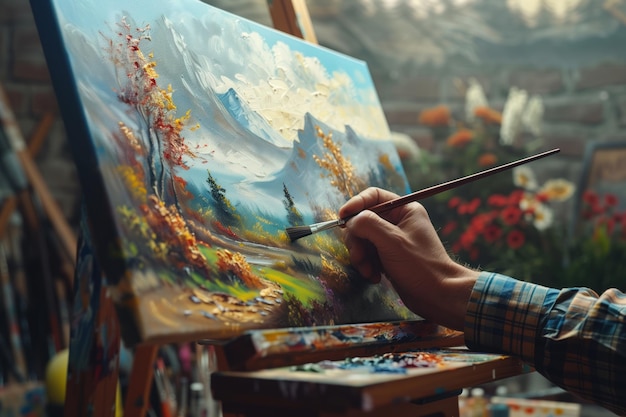 Cyborg hand holds paintbrush applying vibrant colors to canvas landscape featuring mountain range