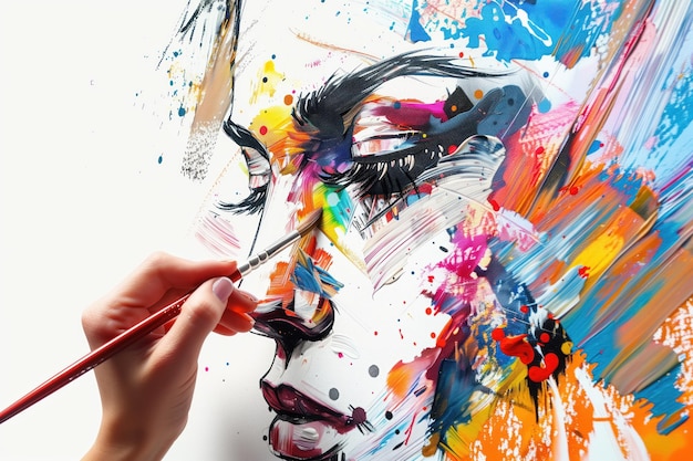 Cyborg hand holds paintbrush to create vibrant abstract portrait of woman face on white canvas