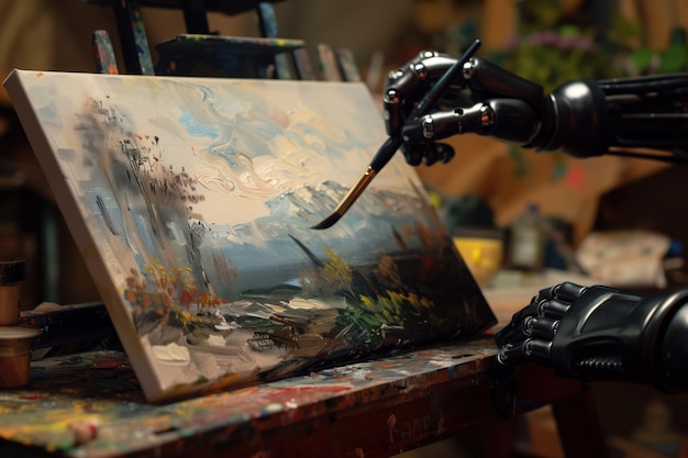 Cyborg hand holds paintbrush creating vibrant landscape painting on canvas Art supplies and tools