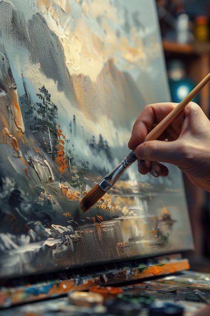 Cyborg hand holds paintbrush dipping into colorful palette Artist hand creates serene landscape