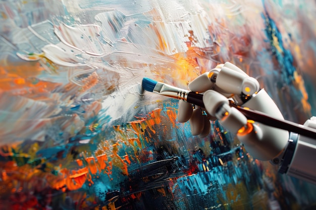 Cyborg hand holds paintbrush with blue handle white bristles Robot creates vibrant painting on