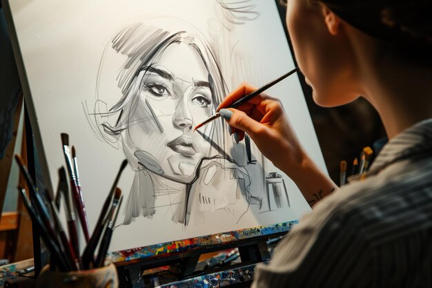 Cyborg hand paints woman portrait on canvas Artist uses brush to add details in workshop setting